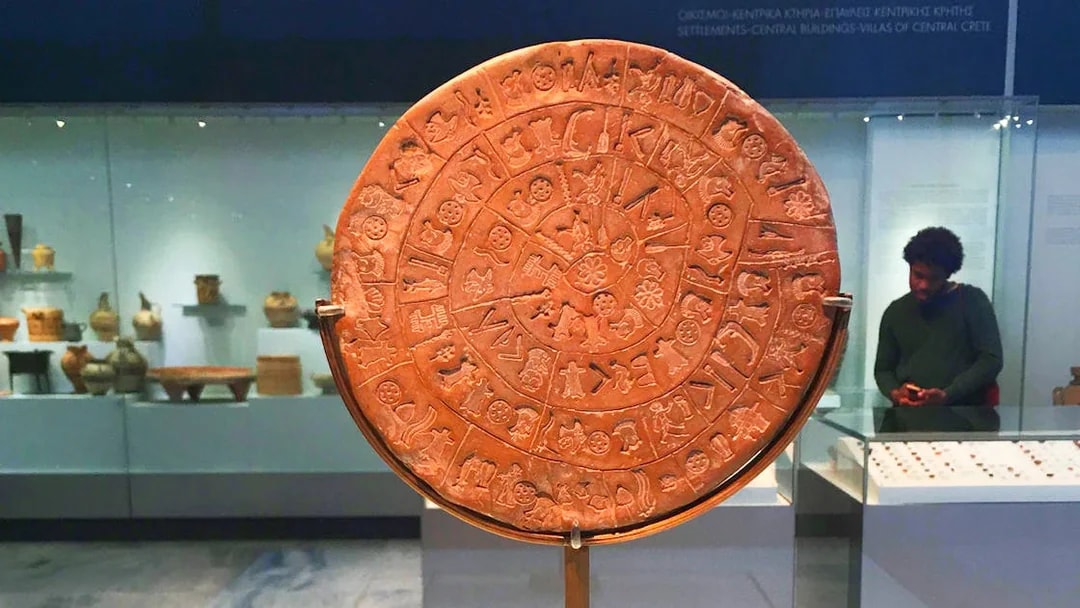 Phaistos Disc exhibit at Heraklion Archaeological Museum, Crete.