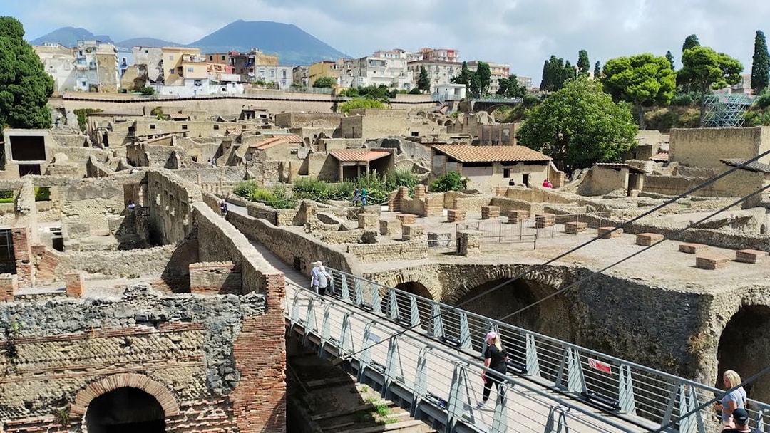 Herculaneum ruins with Mount Vesuvius in the background, Italy.