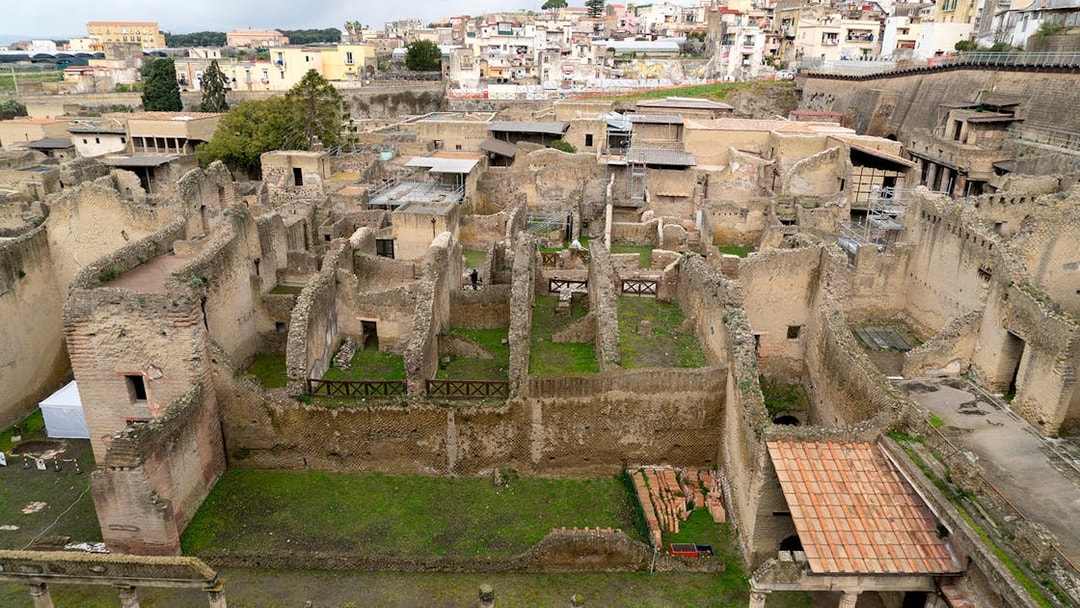 Ancient ruins of Herculaneum in Ercolano, near Naples, showcasing preserved stone structures.