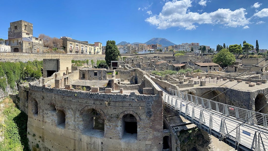 Herculaneum ruins with Mount Vesuvius in the background, Italy.