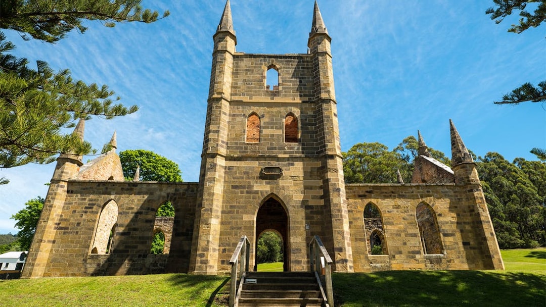 Port Arthur historic church ruins with stone arches and spires, Tasmania.