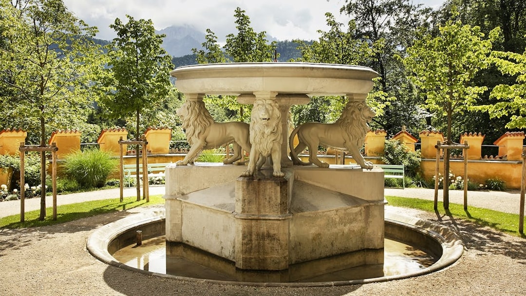 Lion fountain in the garden of Hohenschwangau Castle, Germany.