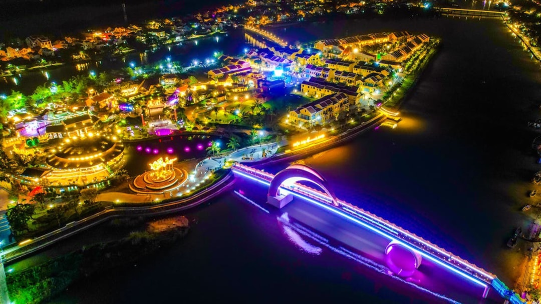 Aerial view of Hoi An Memories Show with vibrant lights, Vietnam.