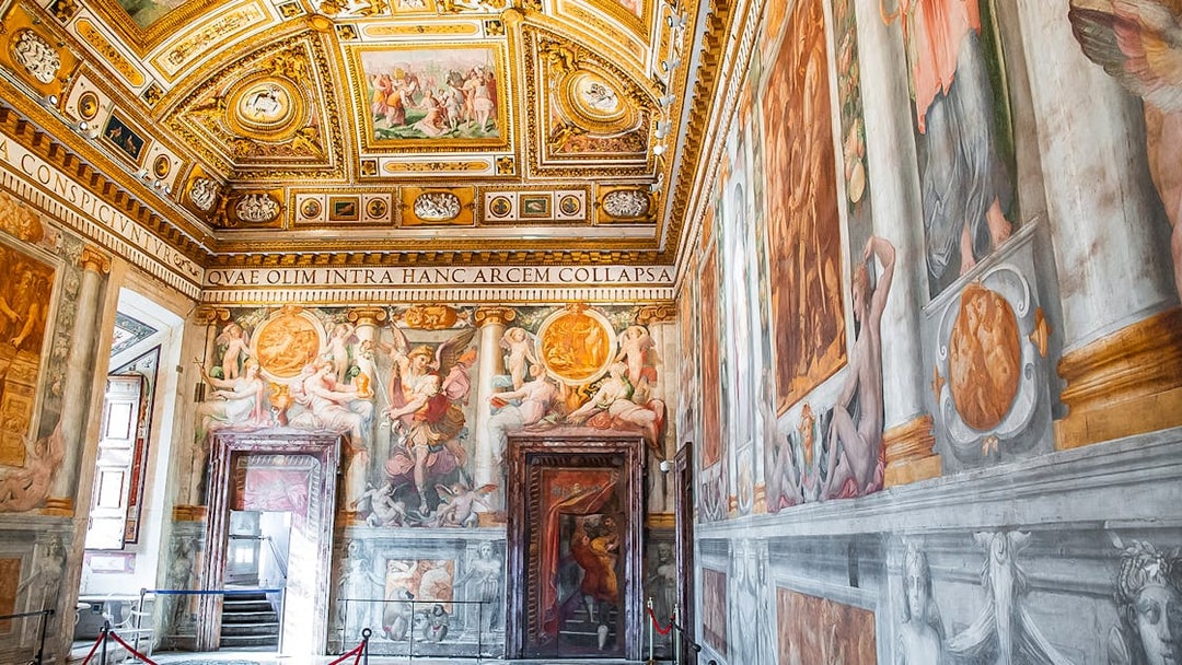 Interior frescoes and ornate ceiling of Castel Sant'Angelo in Rome, Italy.