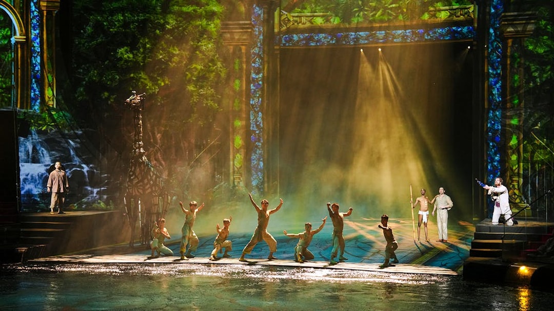 Performers on stage during House of Dancing Water show with vibrant backdrop.
