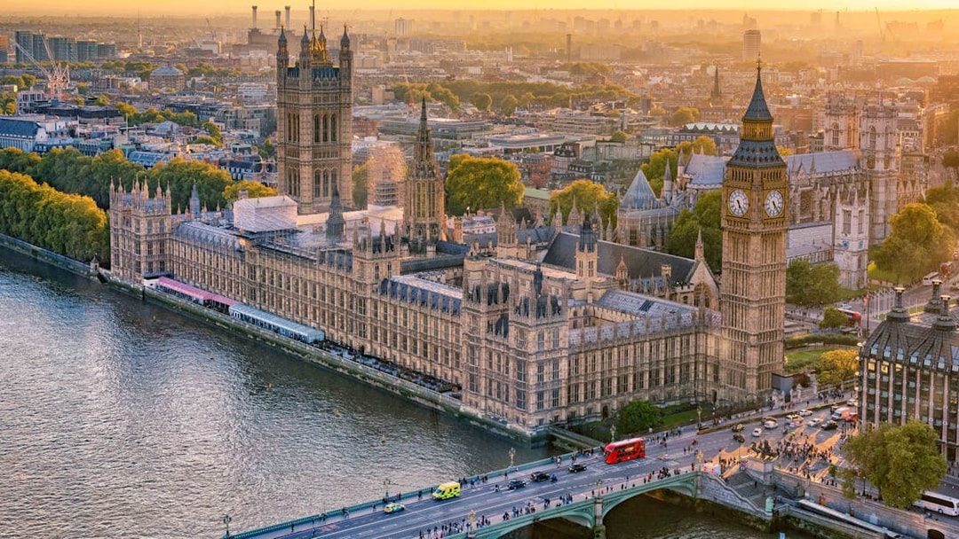 Aerial view of the Houses of Parliament and Big Ben from the London Eye.
