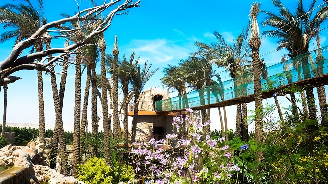 Walkway surrounded by palm trees and flowers at Hurghada Grand Aquarium.