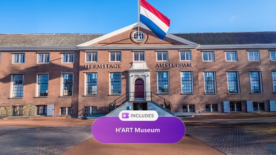Hermitage Museum entrance in Amsterdam with Dutch flag, included in I Amsterdam City Card.