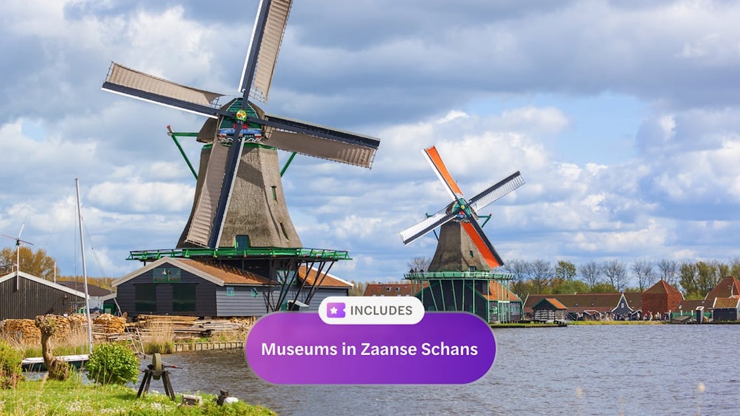 Windmills by the water in Zaanse Schans, Netherlands, included in I Amsterdam City Card.