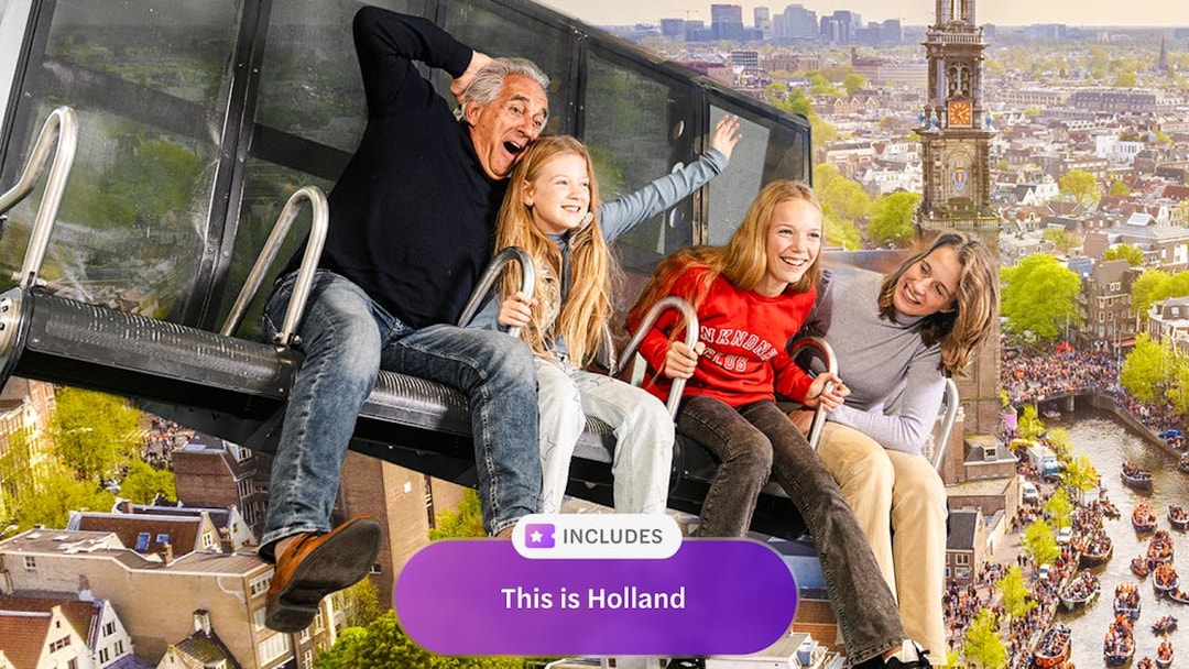 Tourists on 5D ride at This Is Holland, overlooking Amsterdam canals and cityscape.