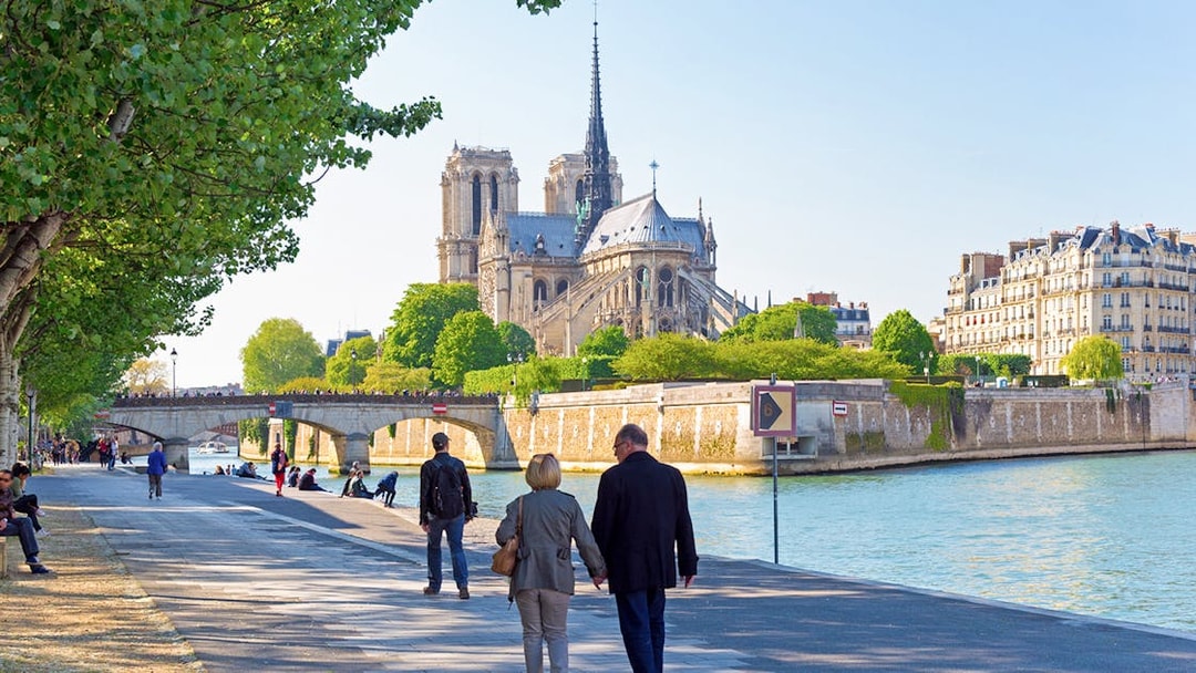 Notre Dame Cathedral view from Seine River on Notre Dame Island, Paris.
