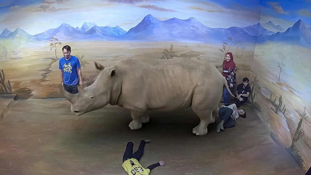 Visitors interacting with a 3D rhino illusion at Illusion 3D Art Museum Kuala Lumpur.