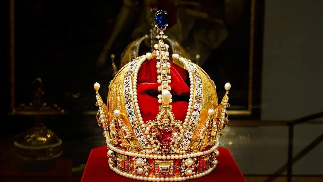 Imperial crown adorned with pearls and jewels at the Imperial Treasury, Vienna.