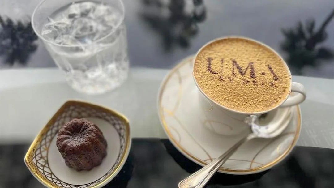 Gold cappuccino with "UMA" on top at UMA Lounge, Burj Al Arab, Dubai.