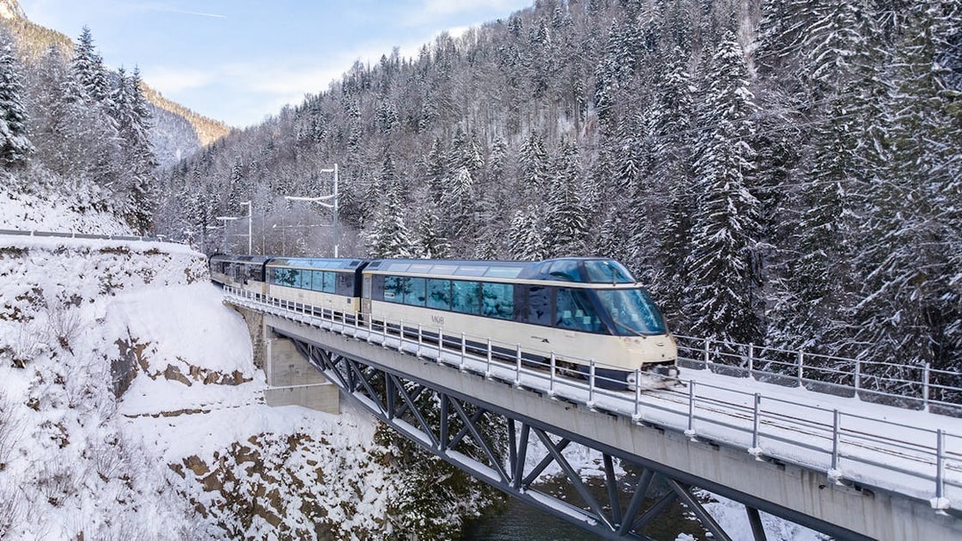 Interrail train crossing snowy bridge in winter forest.