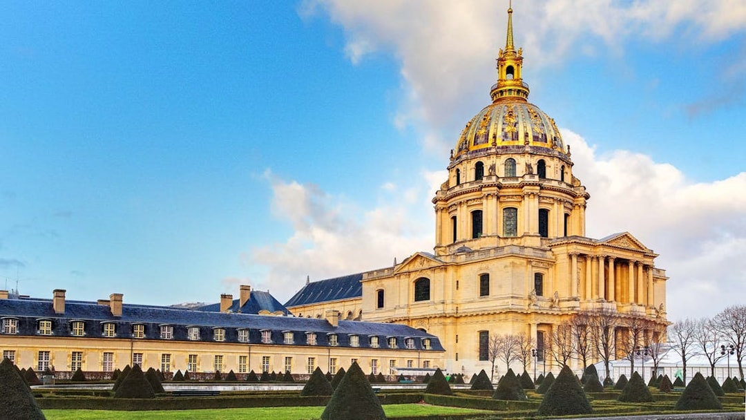Invalides Museum dome and facade in Paris, France.