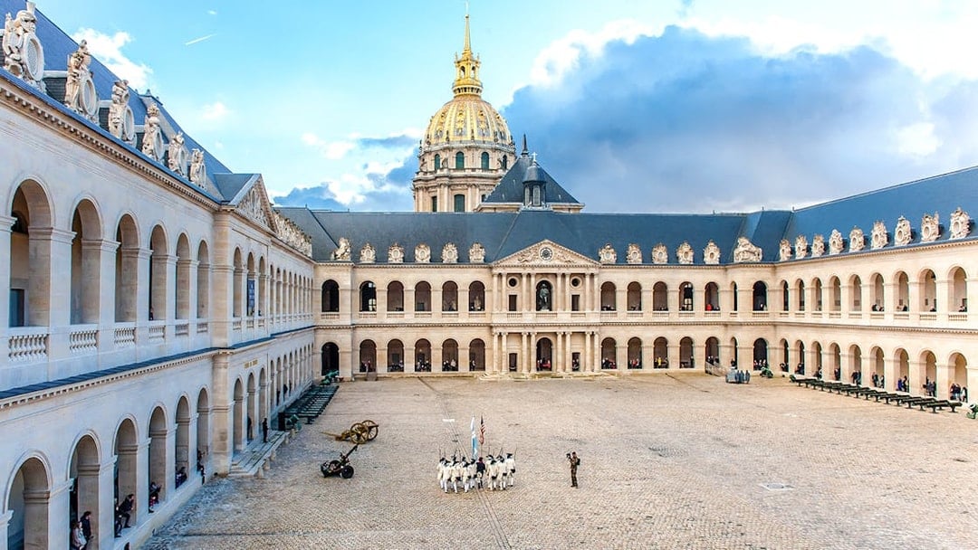 Courtyard of Invalides with military display, Paris Army Museum.