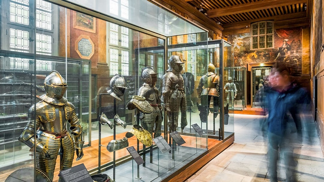 Metal armour suits on display at Army Museum, Paris.