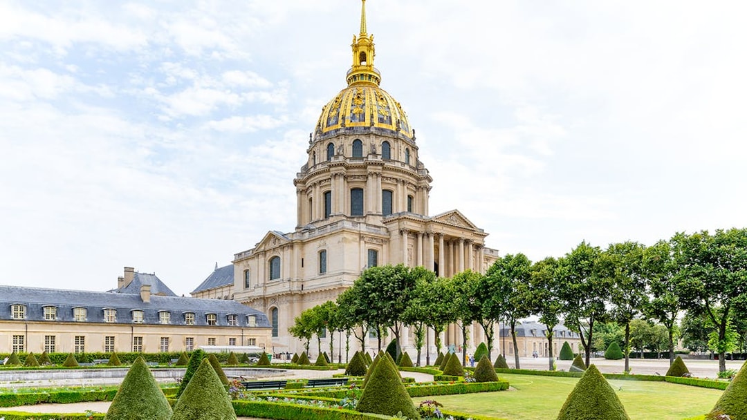 Invalides dome and gardens in Paris, site of Napoleon's Tomb and Army Museum.