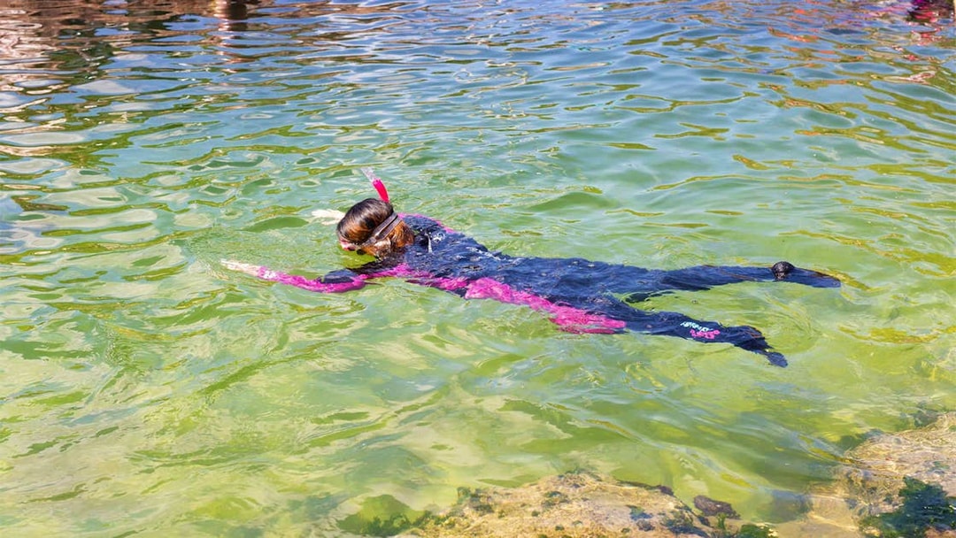 Person snorkeling in clear water near rocky shore.
