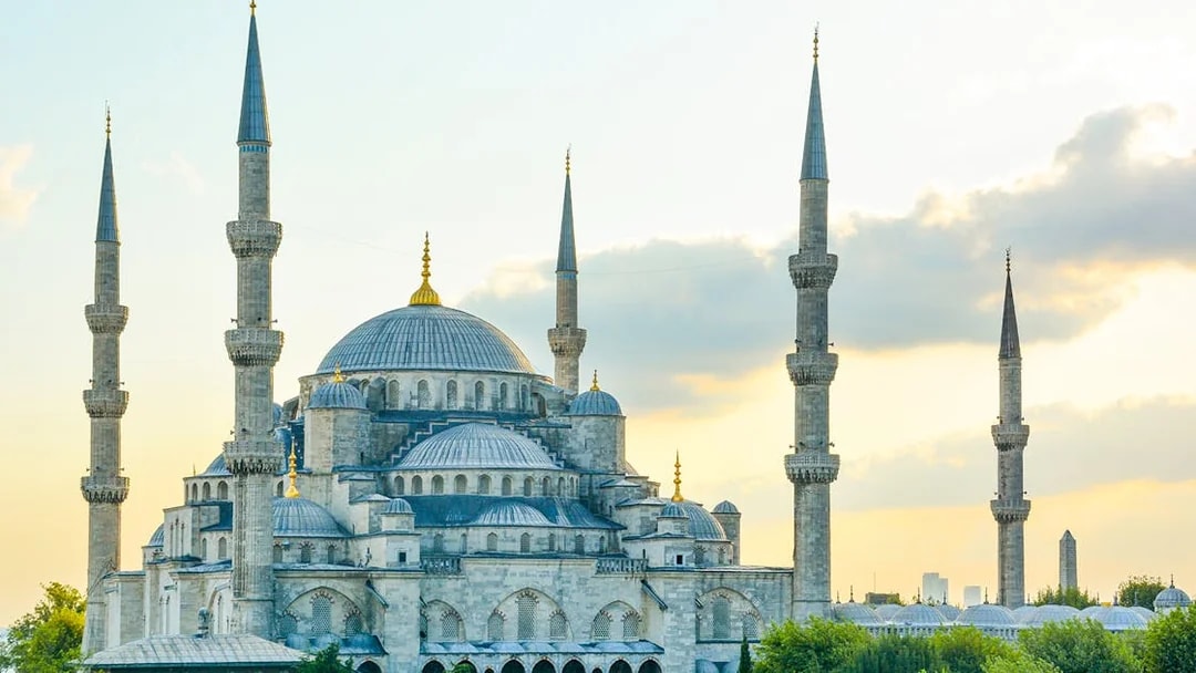 Blue Mosque with minarets at sunset, Istanbul.