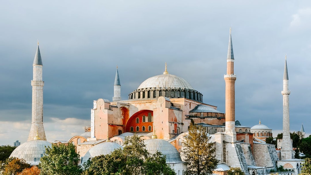 Hagia Sophia with minarets in Istanbul during a half-day walking tour.
