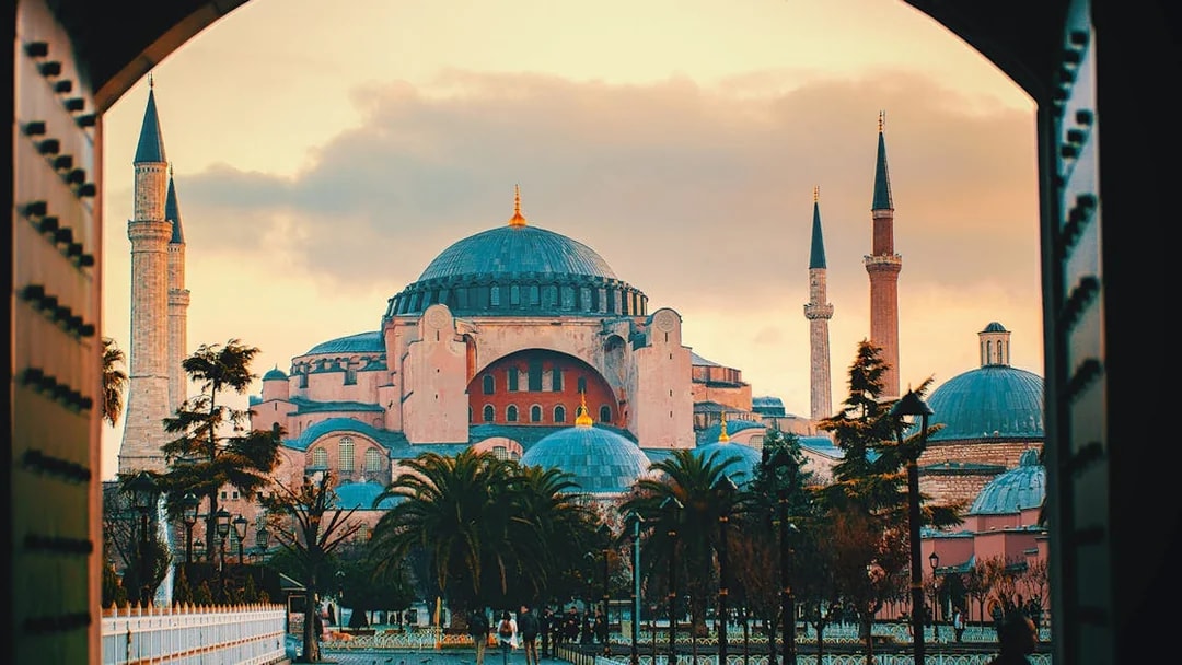 Hagia Sophia with minarets at sunset, Istanbul walking tour.