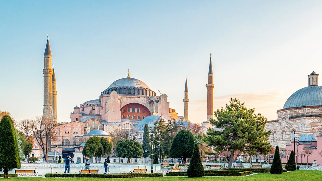 Hagia Sophia with minarets in Istanbul during a half-day walking tour.
