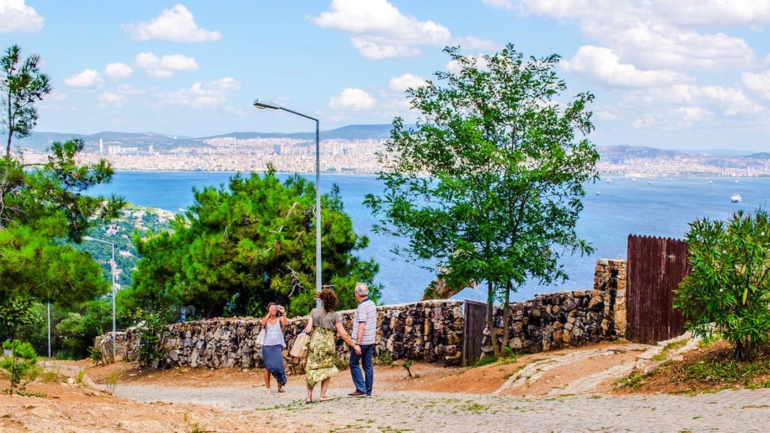 View from Saint George Monastery on Büyükada Island, Turkey, overlooking the sea and cityscape.
