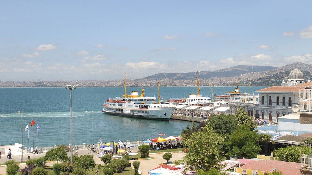 Ferry docked at Princes Island with cityscape in the background, Istanbul.