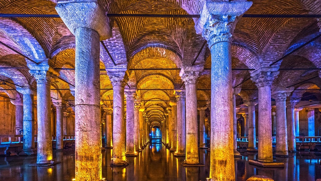 Basilica Cistern illuminated columns and arches, Istanbul guided tour.