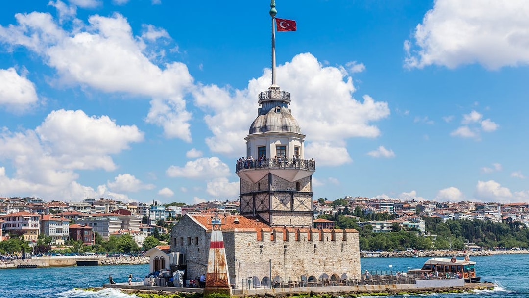 Maidens Tower on the Bosphorus during a cruise in Istanbul, Turkey.