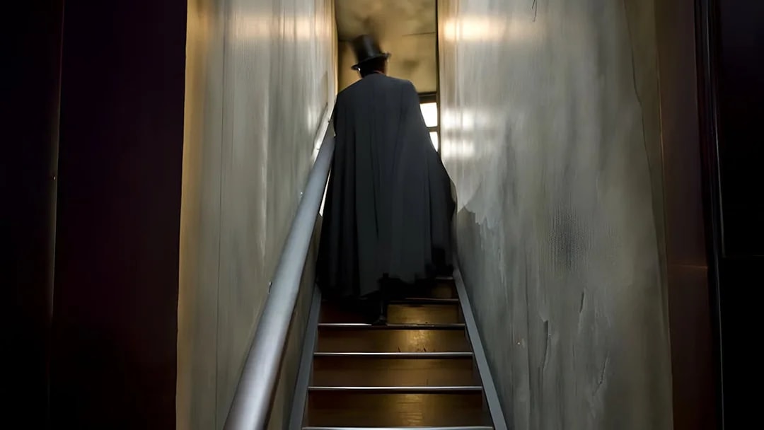 Man in dark coat and top hat ascending stairs at Jack the Ripper Museum.