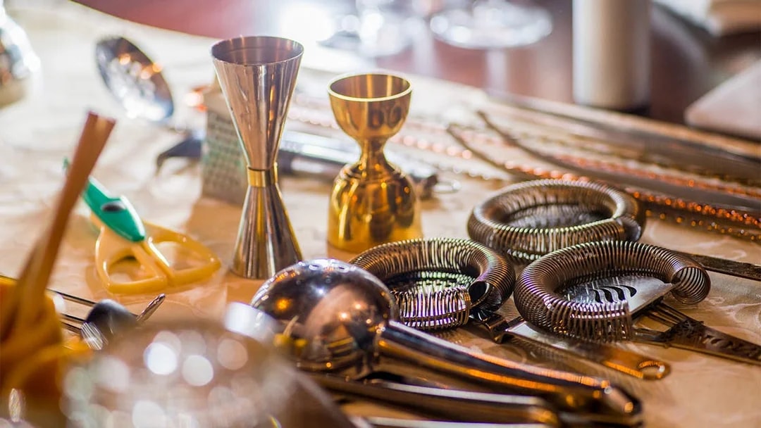 Mixology tools on a table at Jameson Mixology Class, Midleton Distillery.