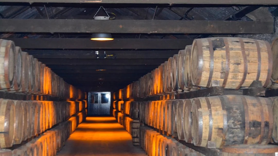 Barrels of Jameson whiskey aging in a dimly lit warehouse.