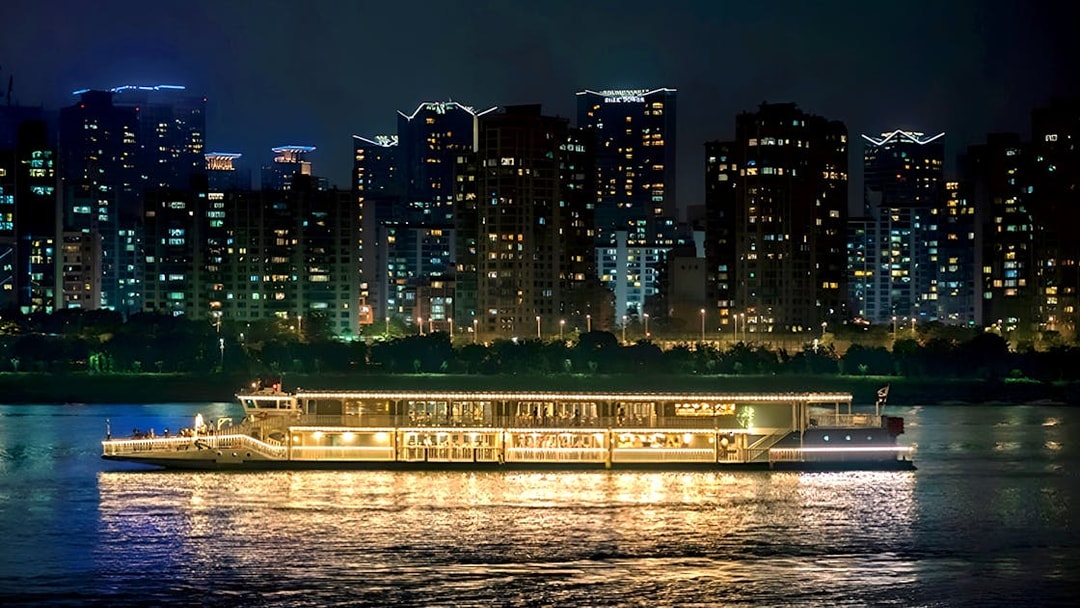 Cruise ship on Hangang River with Seoul skyline illuminated at night.
