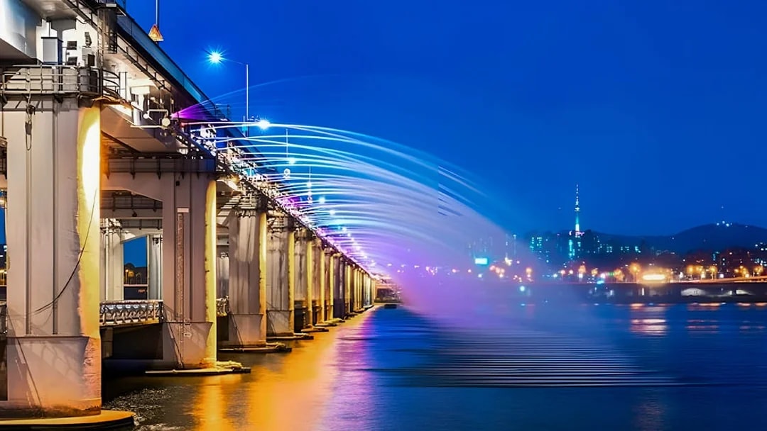 Banpo Bridge Rainbow Fountain at night during Hangang Cruise, Seoul.