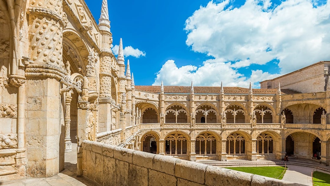 Jeronimos Monastery cloister view from balcony, Lisbon, Portugal.