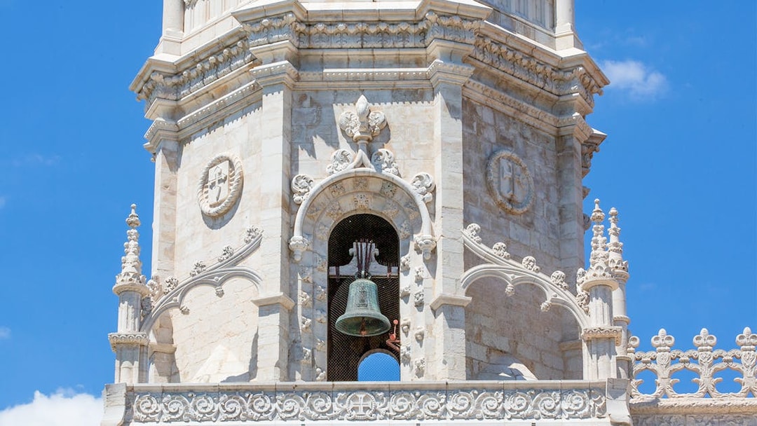 Bell tower detail of Jerónimos Monastery, Lisbon, Portugal.