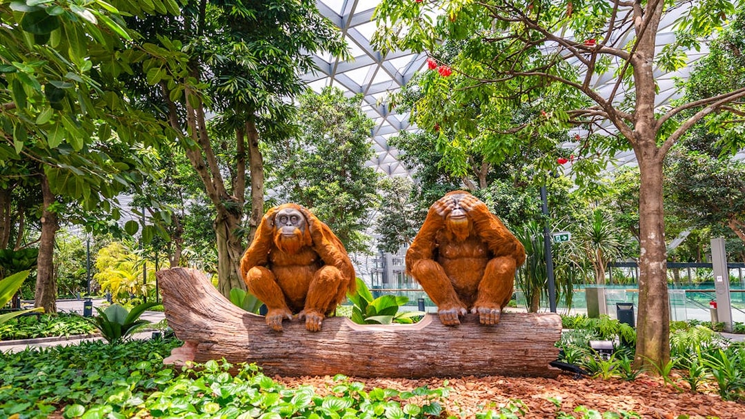 Topiary orangutan sculptures on a log at Canopy Park, Jewel Changi.