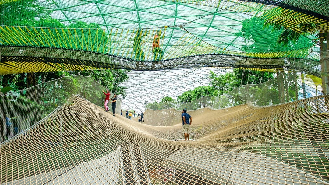 Visitors walking on the net at Canopy Park, Jewel Changi, surrounded by greenery.