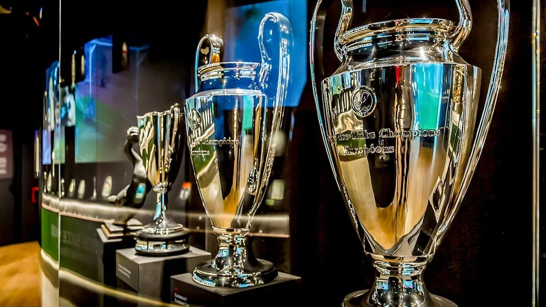 Trophies displayed at Johan Cruijff ArenA during the Classic Tour in Amsterdam.