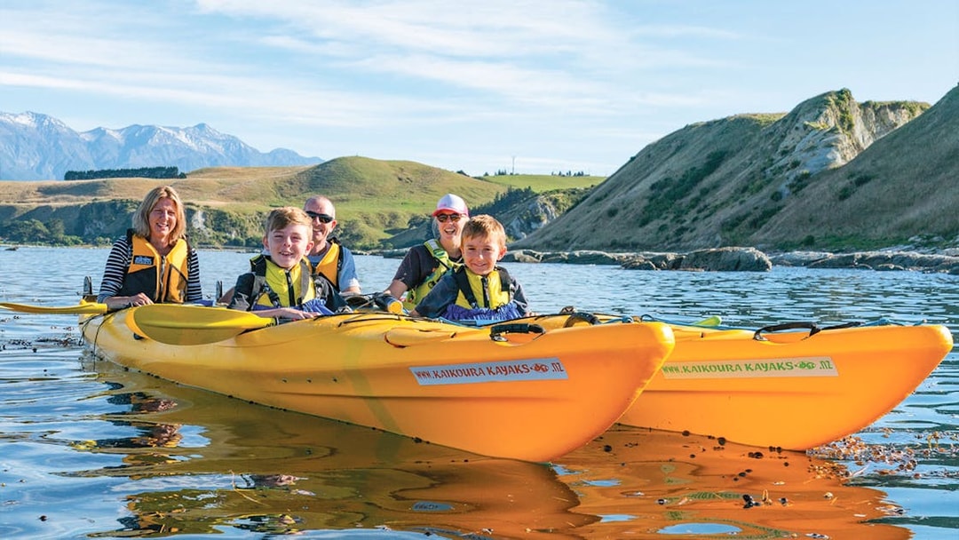 Group kayaking on scenic waters with hills in the background during a guided wildlife tour.