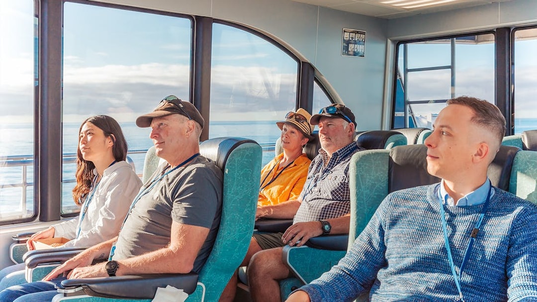 Passengers seated inside a boat during a whale watching cruise in Kaikoura.