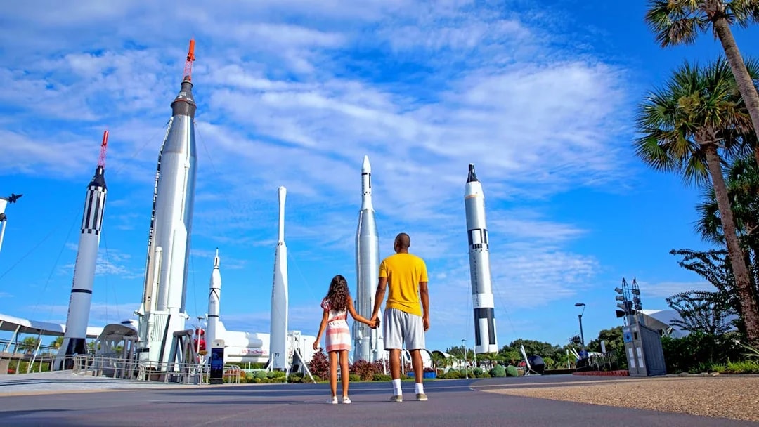 Visitors at Kennedy Space Center Rocket Garden, Florida.