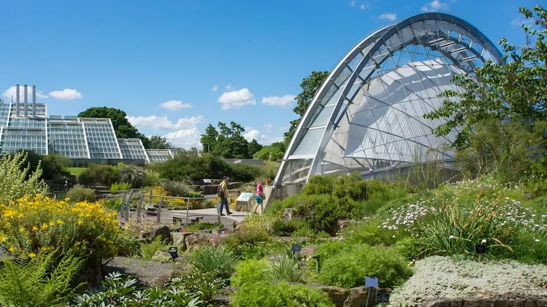 Kew Gardens glasshouse with visitors walking through lush gardens.
