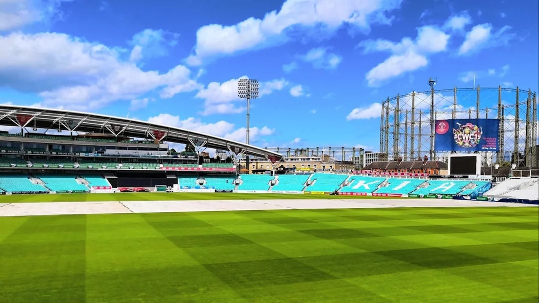 Kia Oval cricket ground with stands and scoreboard, London.