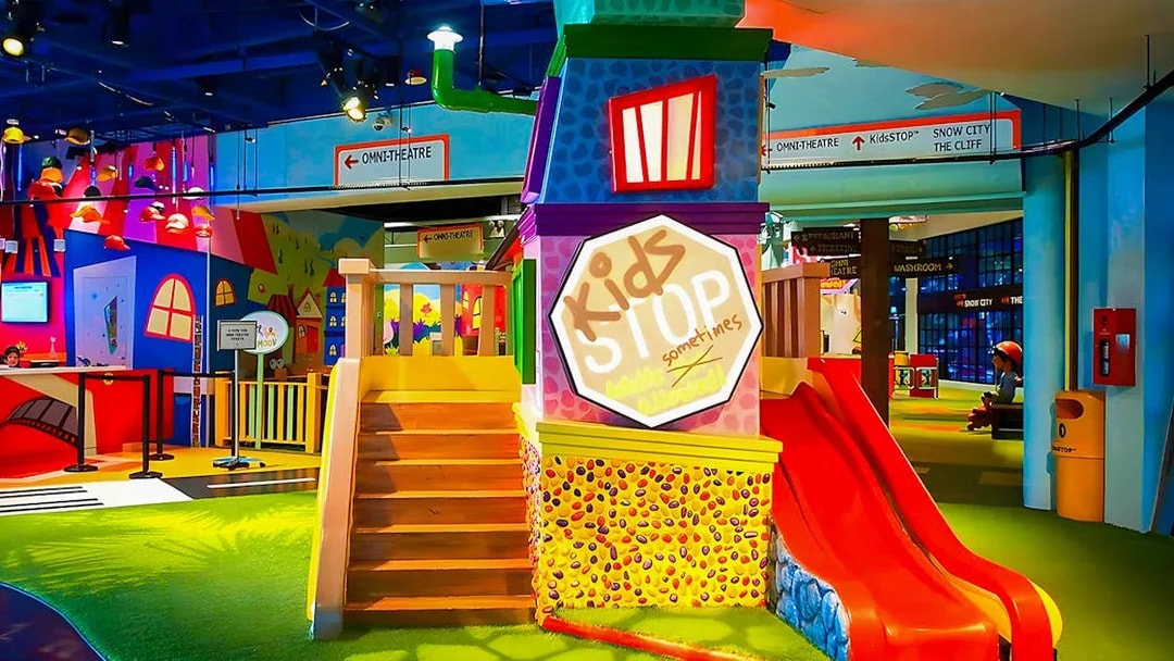 Interactive exhibits at Science Centre Singapore's KidSTOP, near Omni Theatre and Butterflies Up Close tour.