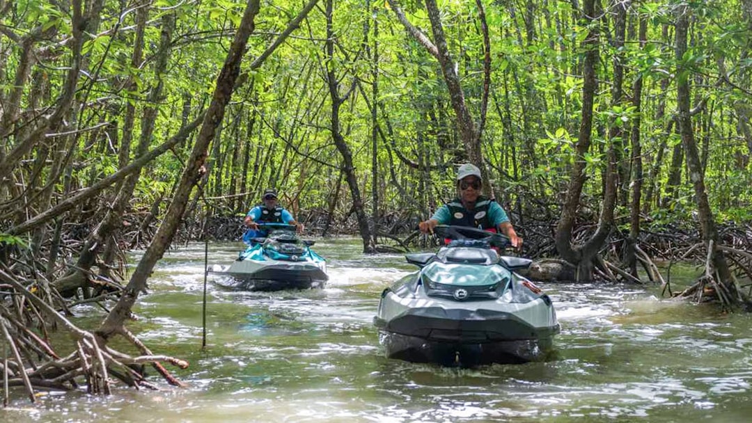 Jet skis navigating mangrove forest in Langkawi's UNESCO Kilim Geopark.