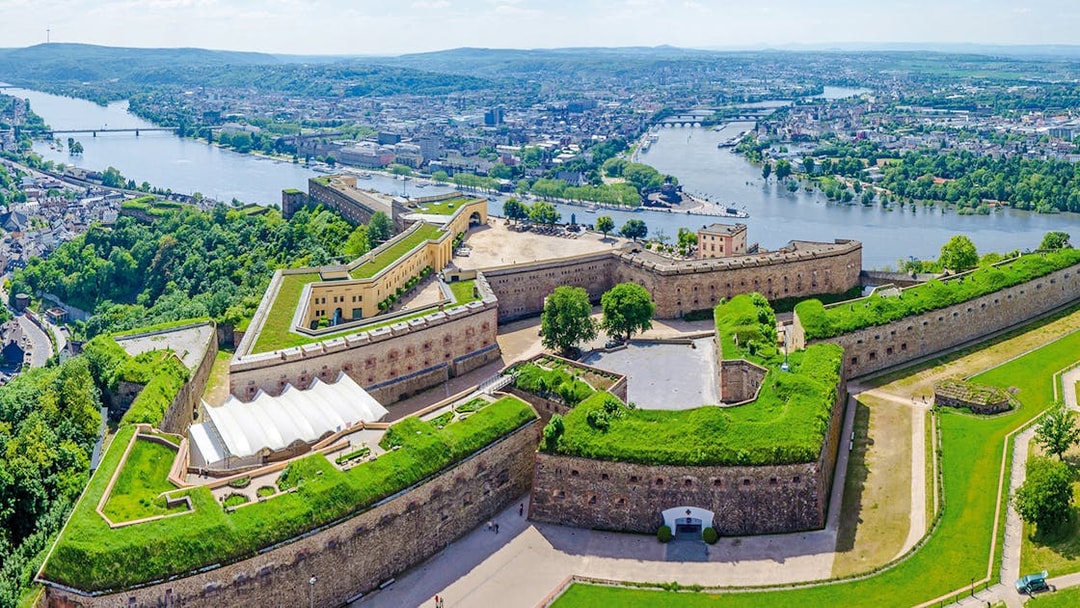 Ehrenbreitstein Fortress overlooking the Rhine River from Koblenz cable car.